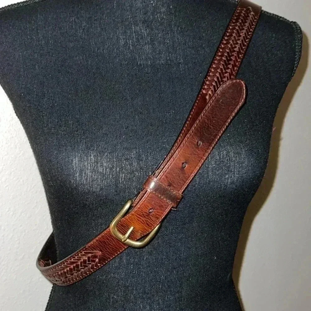 Men’s Brown Leather Braided Solid Belt with Solid Brass Buckle Size 42